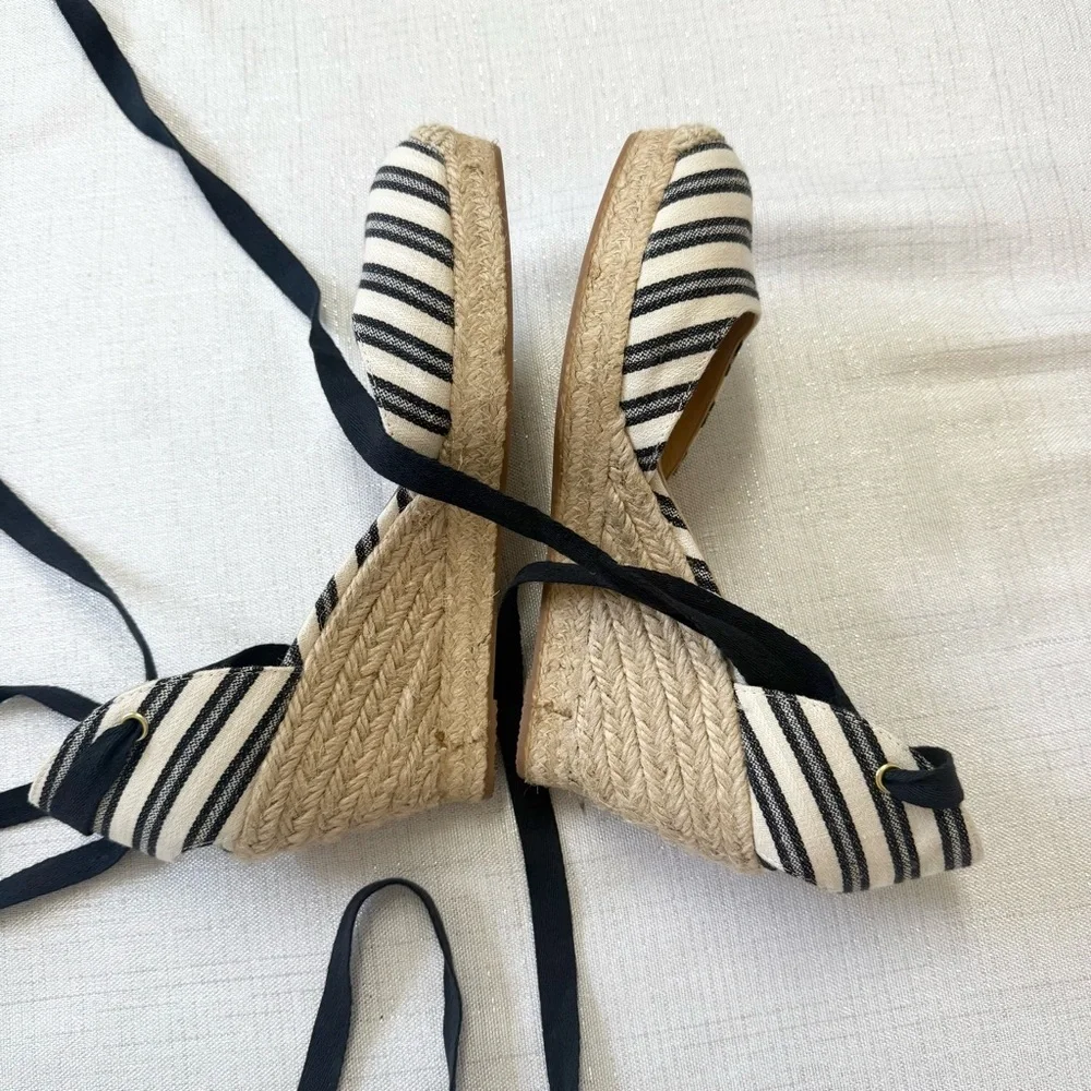 New J. Crew Size 6.5 Espadrille Wedges Ankle Wrap Black Cream Stripe Shoes